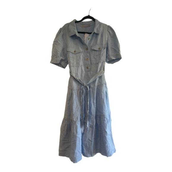 Soft Surroundings Dresses & Skirts - Soft Surroundings Light Wash Denim Utility Button Tiered Midi Dress Puff Sleeve